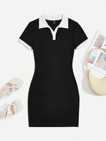 EZwear Contrast Collar Ribbed Knit Bodycon Dress,Summer Dresses For Women