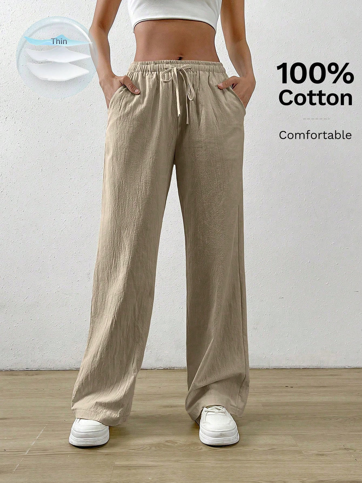 EZwear Cotton Loose Straight Drawstring Waist Slant Pocket Pants