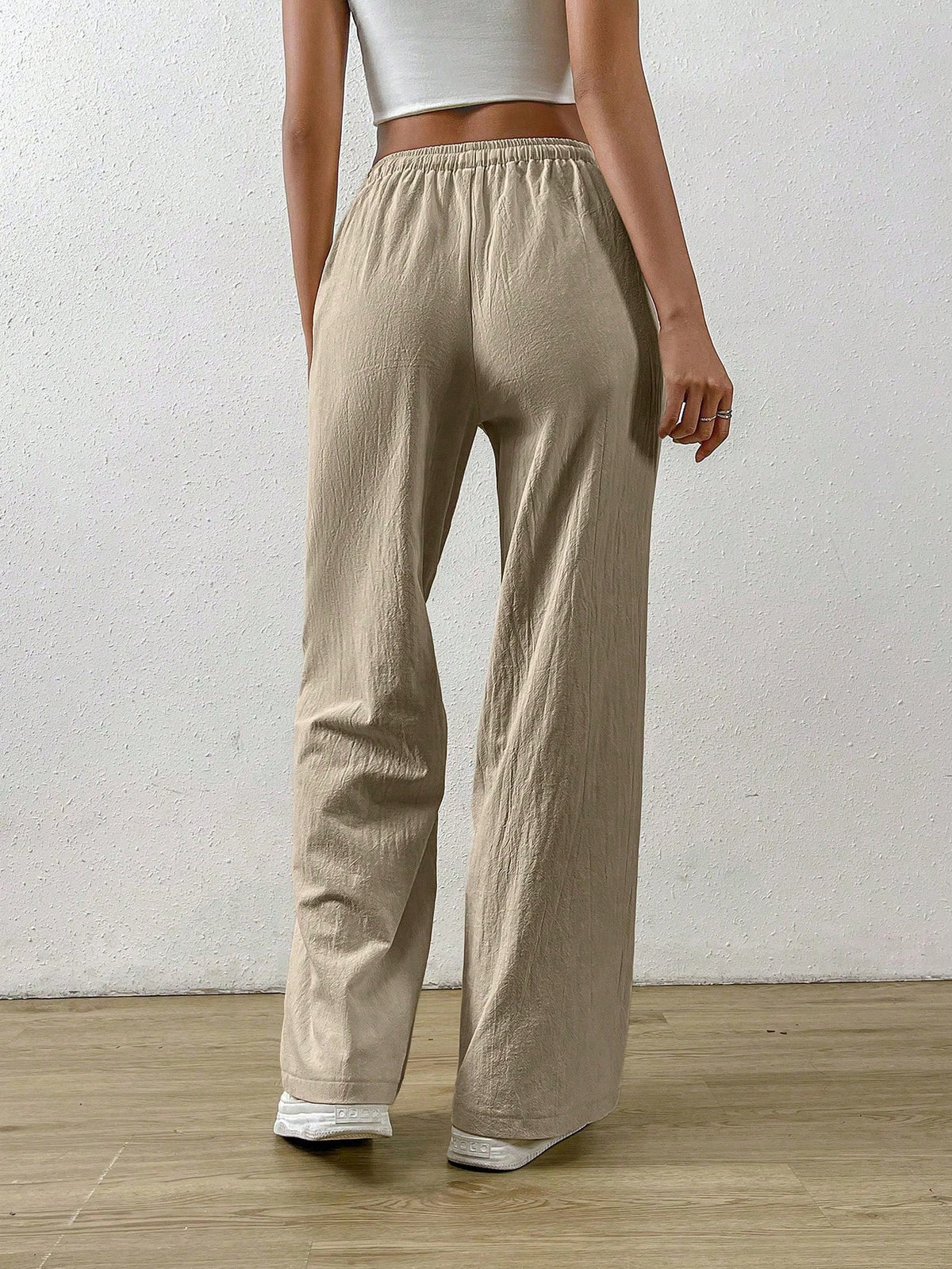 EZwear Cotton Loose Straight Drawstring Waist Slant Pocket Pants