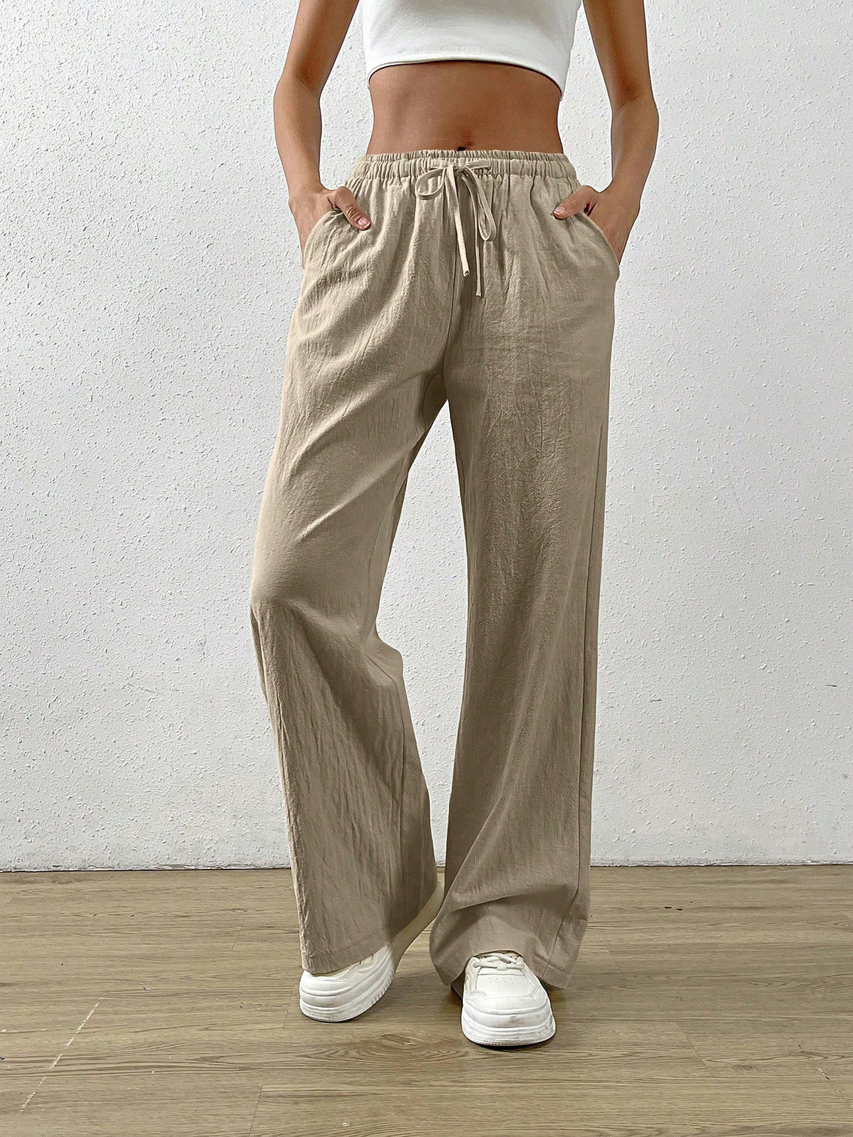 EZwear Cotton Loose Straight Drawstring Waist Slant Pocket Pants