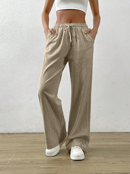 EZwear Cotton Loose Straight Drawstring Waist Slant Pocket Pants