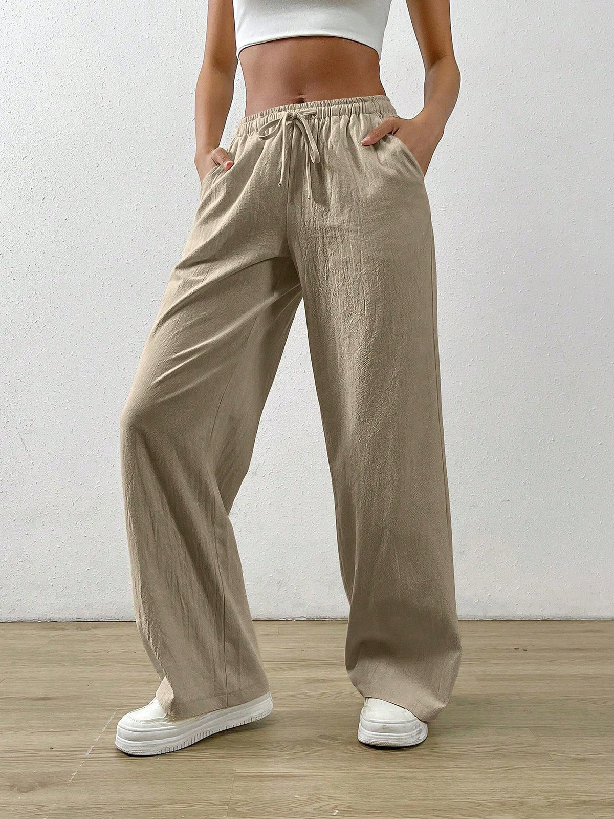 EZwear Cotton Loose Straight Drawstring Waist Slant Pocket Pants