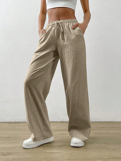 EZwear Cotton Loose Straight Drawstring Waist Slant Pocket Pants