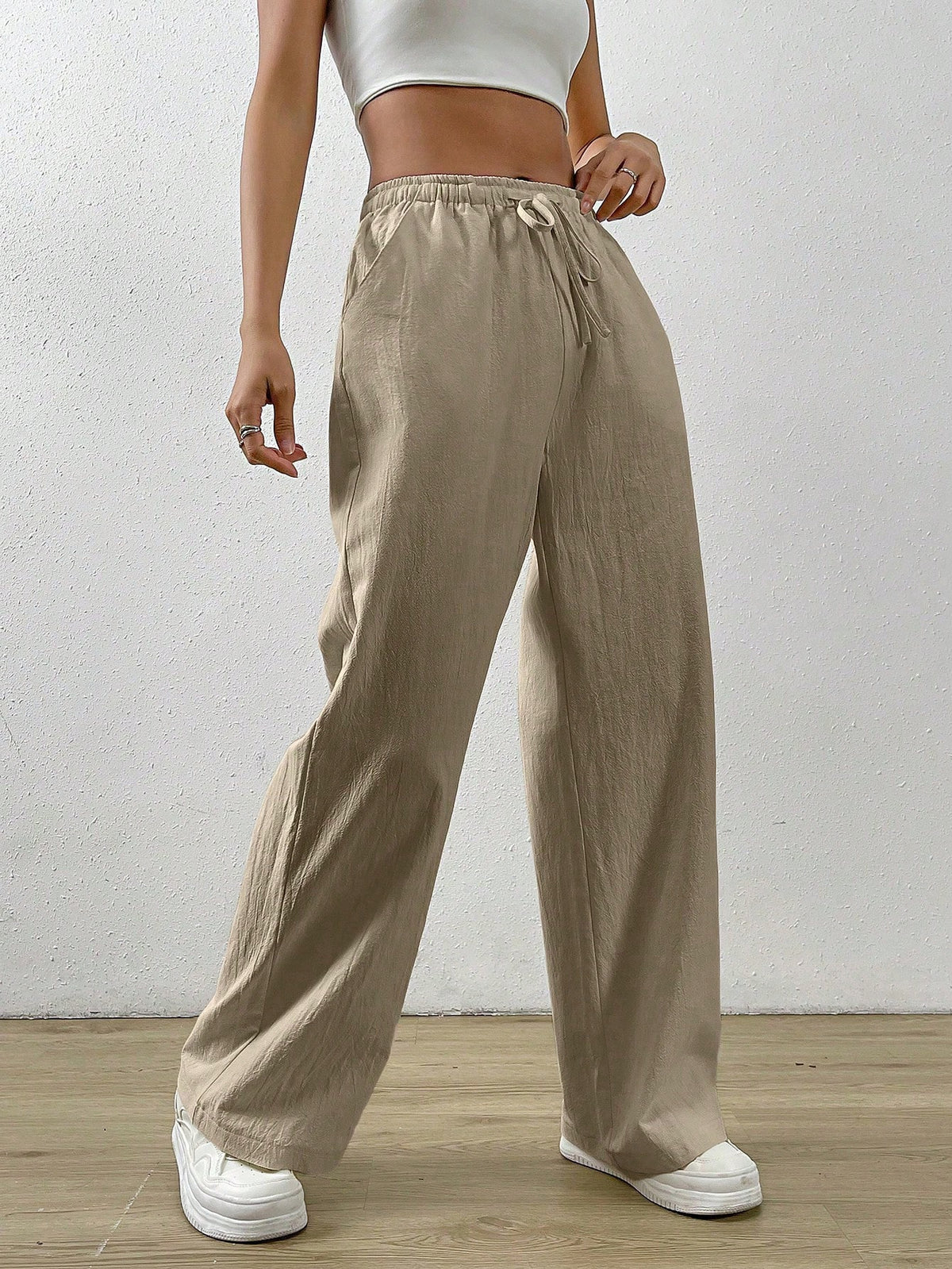 EZwear Cotton Loose Straight Drawstring Waist Slant Pocket Pants