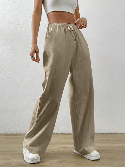 EZwear Cotton Loose Straight Drawstring Waist Slant Pocket Pants