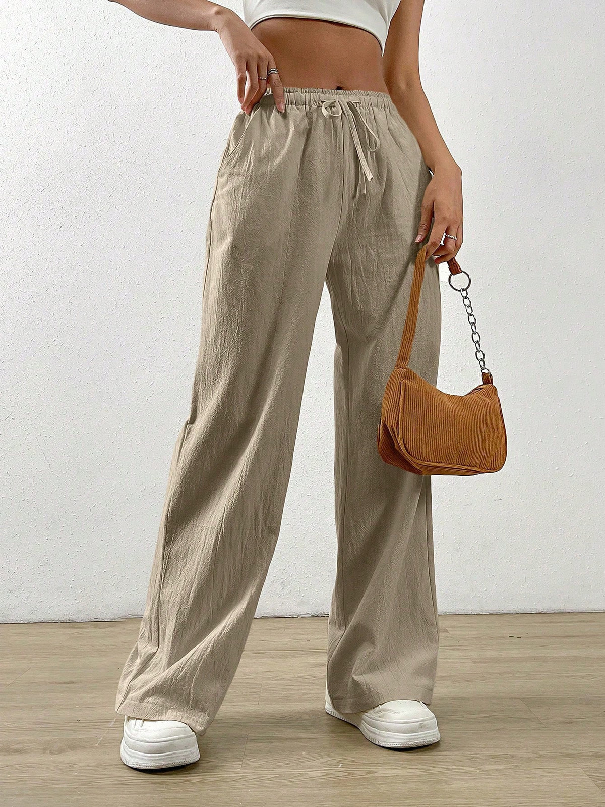 EZwear Cotton Loose Straight Drawstring Waist Slant Pocket Pants