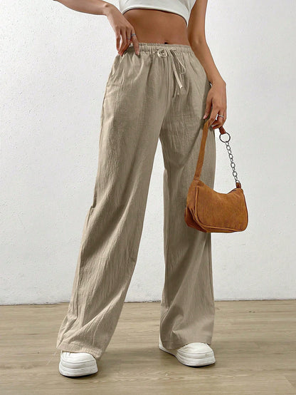 EZwear Cotton Loose Straight Drawstring Waist Slant Pocket Pants