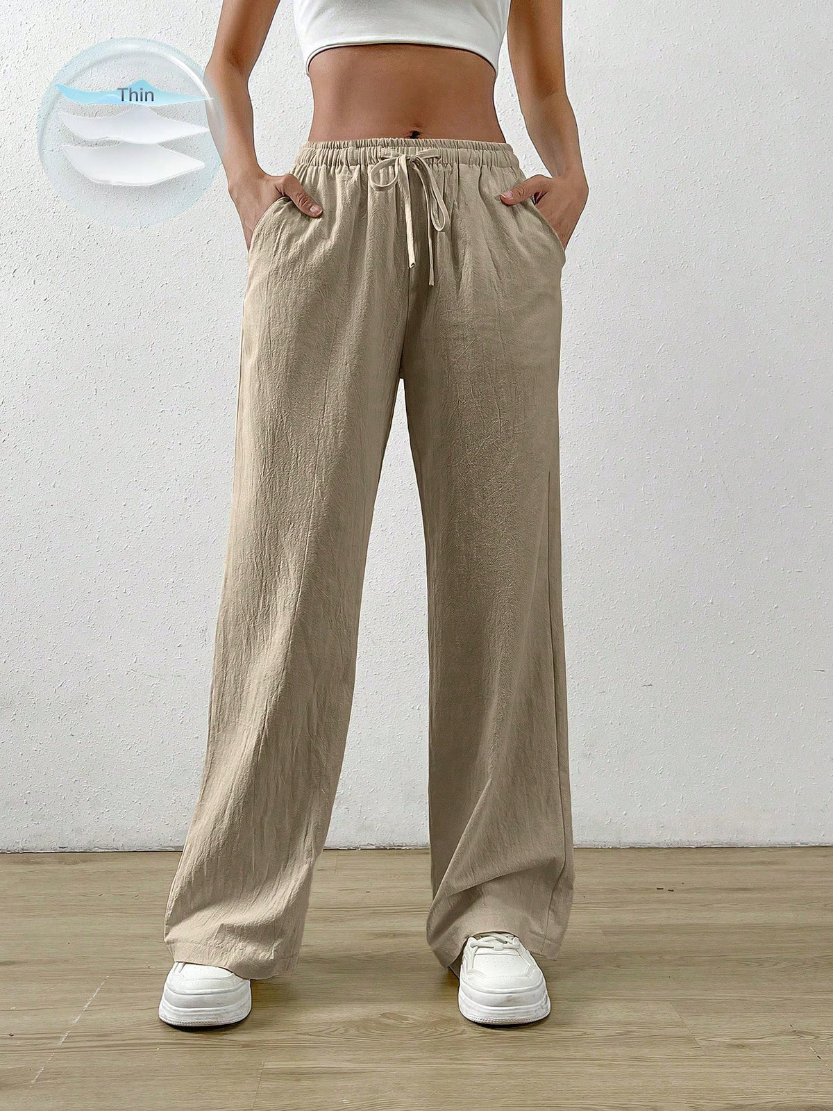 EZwear Cotton Loose Straight Drawstring Waist Slant Pocket Pants