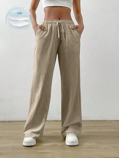 EZwear Cotton Loose Straight Drawstring Waist Slant Pocket Pants