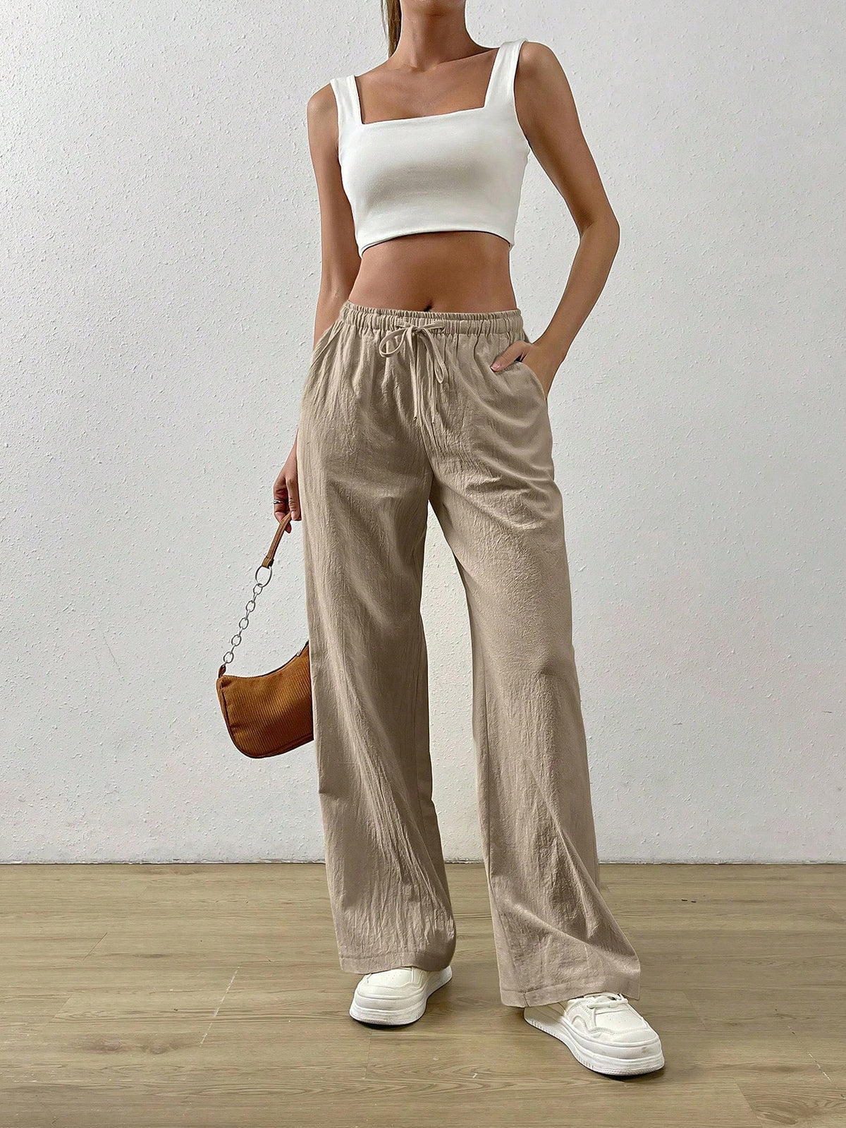 EZwear Cotton Loose Straight Drawstring Waist Slant Pocket Pants