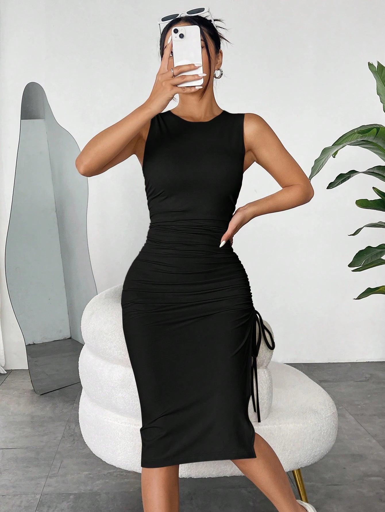 EZwear Navy Blue Sleeveless Bodycon Knit Dress For Women Slit Ruched Elegant Midi Summer Dresses Best Selling High Quality