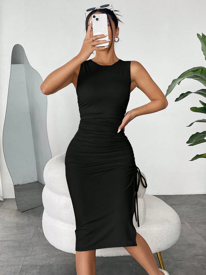 EZwear Navy Blue Sleeveless Bodycon Knit Dress For Women Slit Ruched Elegant Midi Summer Dresses Best Selling High Quality
