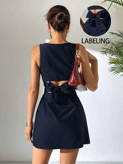EZwear Navy Blue Sleeveless Woven Backless Dress For Women Elegant Bow Hollow Out Cut,Summer Cutout Back Mini Waist Tie