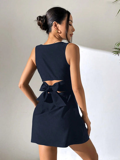 EZwear Navy Blue Sleeveless Woven Backless Dress For Women Elegant Bow Hollow Out Cut,Summer Cutout Back Mini Waist Tie