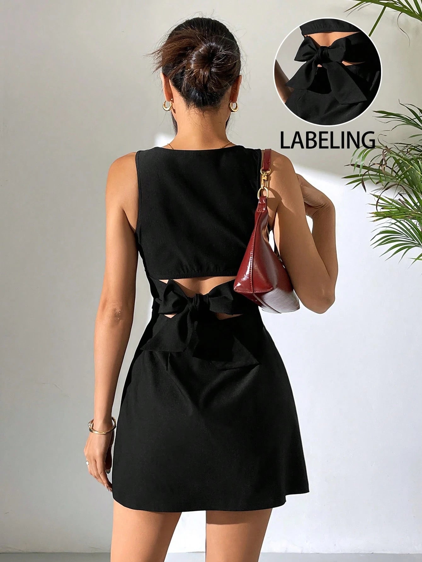 EZwear Navy Blue Sleeveless Woven Backless Dress For Women Elegant Bow Hollow Out Cut,Summer Cutout Back Mini Waist Tie