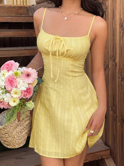 EZwear Pale Yellow Woven Slip Dress For Women, Romantic,Casual Dresses For Women