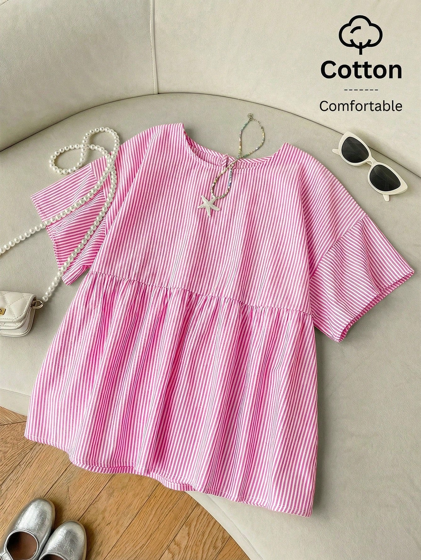 EZwear Pink Striped Woven Women's Shirt,Summer Top