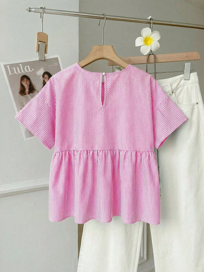 EZwear Pink Striped Woven Women's Shirt,Summer Top