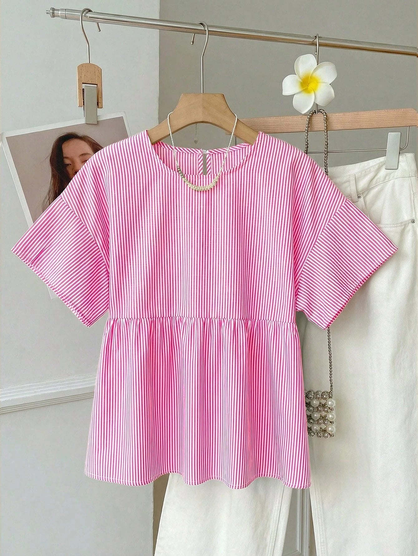 EZwear Pink Striped Woven Women's Shirt,Summer Top