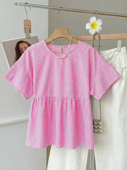 EZwear Pink Striped Woven Women's Shirt,Summer Top