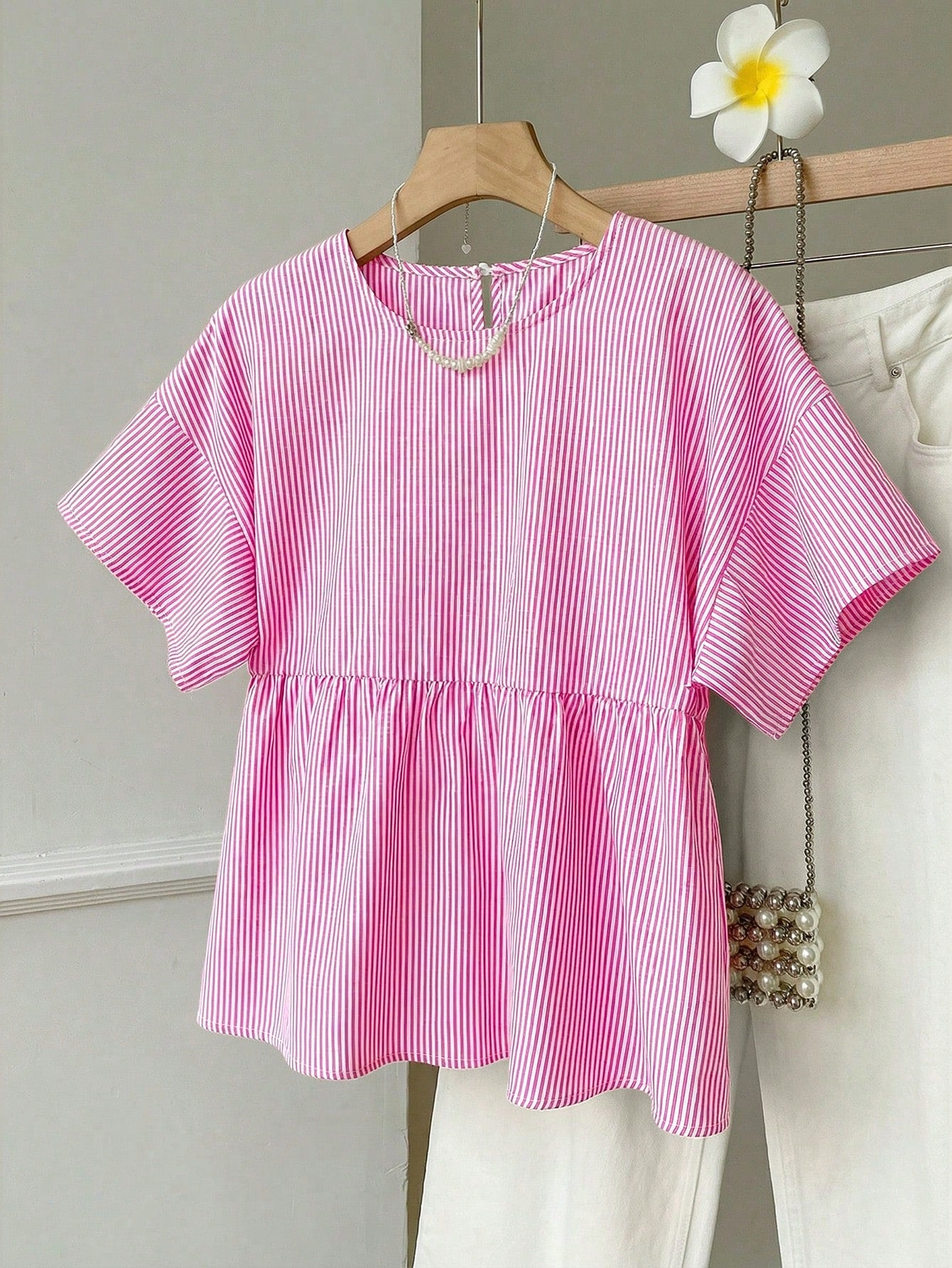 EZwear Pink Striped Woven Women's Shirt,Summer Top