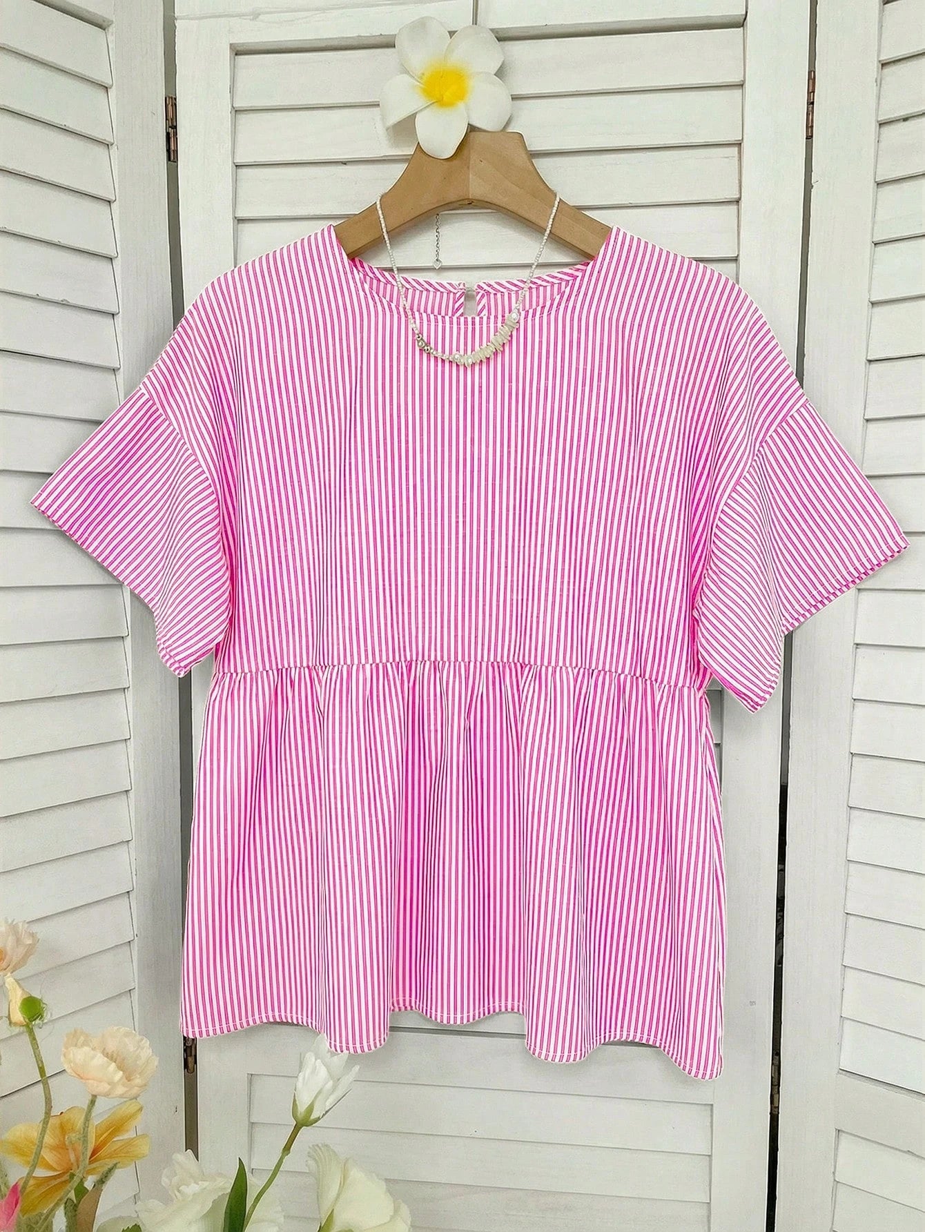EZwear Pink Striped Woven Women's Shirt,Summer Top