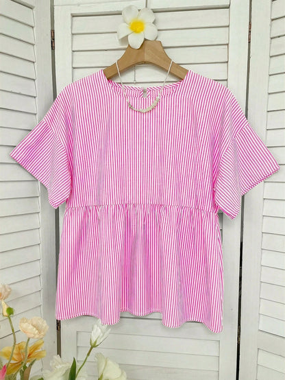 EZwear Pink Striped Woven Women's Shirt,Summer Top