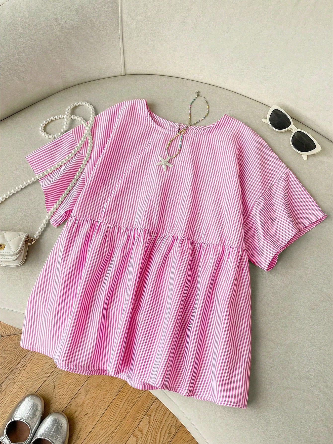 EZwear Pink Striped Woven Women's Shirt,Summer Top