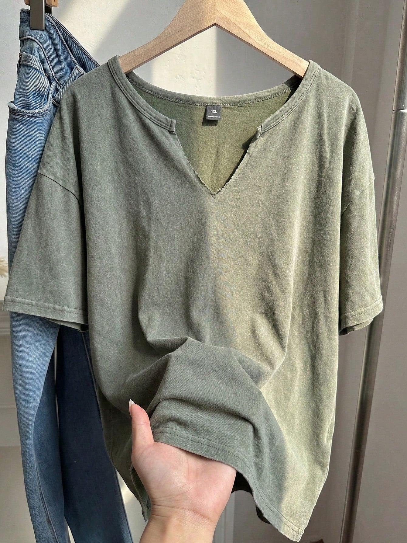 EZwear Plus Size Spring/Summer Clothing, Distressed Acid Wash Loose Fit Short Sleeve V-Neck T-Shirt, Cotton Fabric, Spring/Summer
