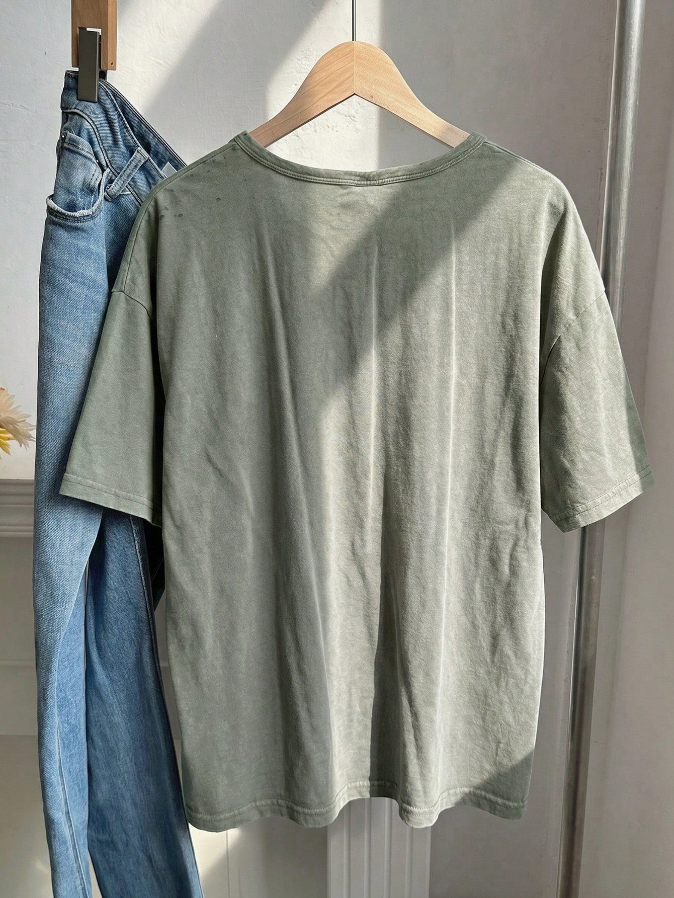 EZwear Plus Size Spring/Summer Clothing, Distressed Acid Wash Loose Fit Short Sleeve V-Neck T-Shirt, Cotton Fabric, Spring/Summer