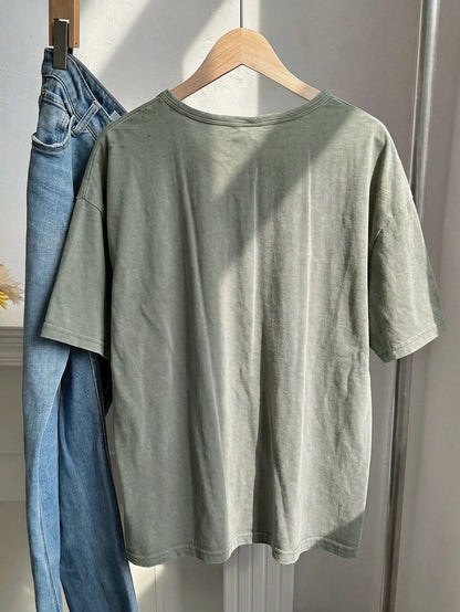 EZwear Plus Size Spring/Summer Clothing, Distressed Acid Wash Loose Fit Short Sleeve V-Neck T-Shirt, Cotton Fabric, Spring/Summer