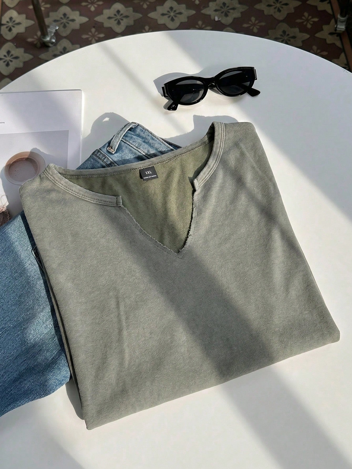 EZwear Plus Size Spring/Summer Clothing, Distressed Acid Wash Loose Fit Short Sleeve V-Neck T-Shirt, Cotton Fabric, Spring/Summer