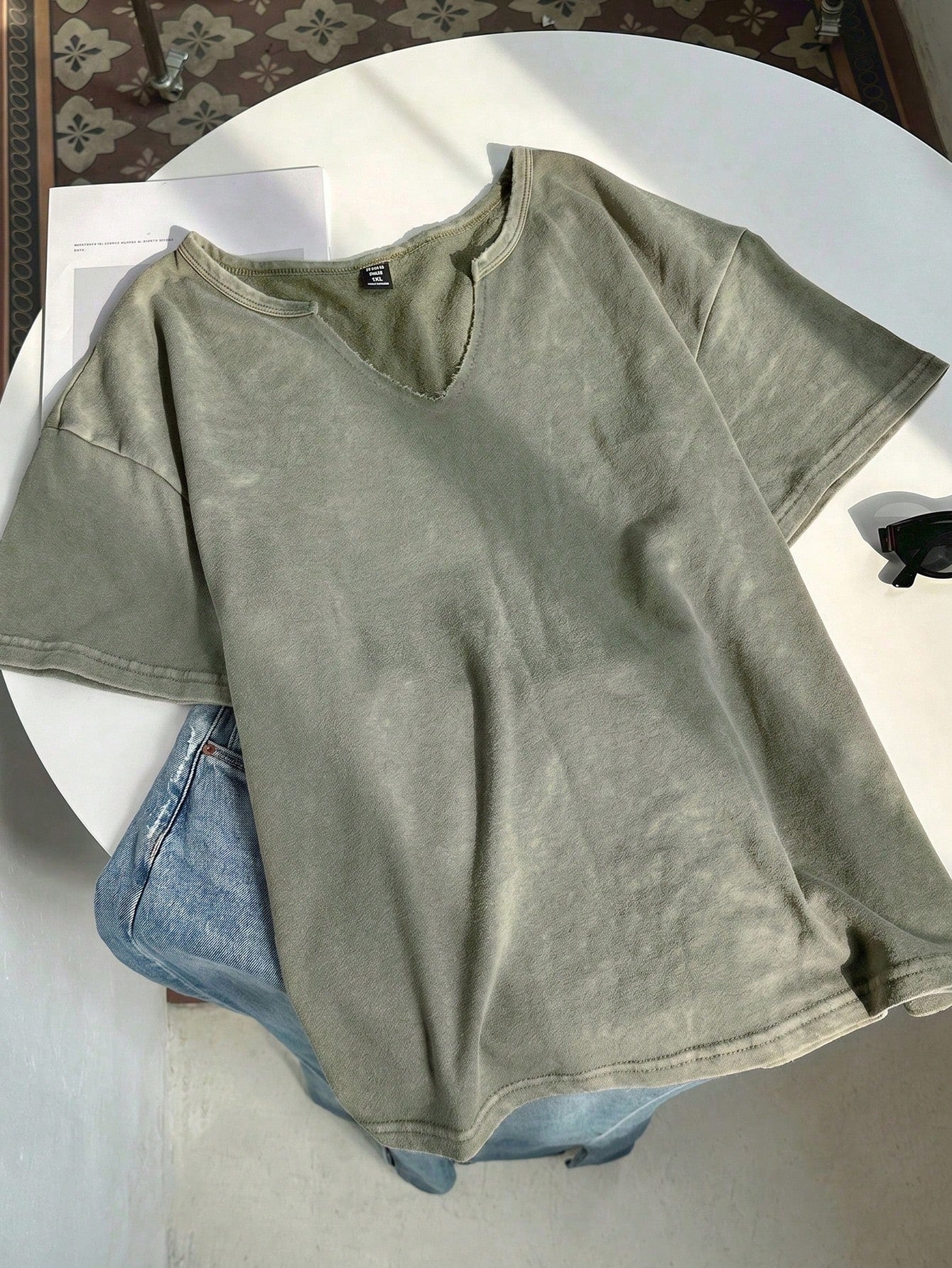 EZwear Plus Size Spring/Summer Clothing, Distressed Acid Wash Loose Fit Short Sleeve V-Neck T-Shirt, Cotton Fabric, Spring/Summer