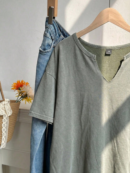 EZwear Plus Size Spring/Summer Clothing, Distressed Acid Wash Loose Fit Short Sleeve V-Neck T-Shirt, Cotton Fabric, Spring/Summer