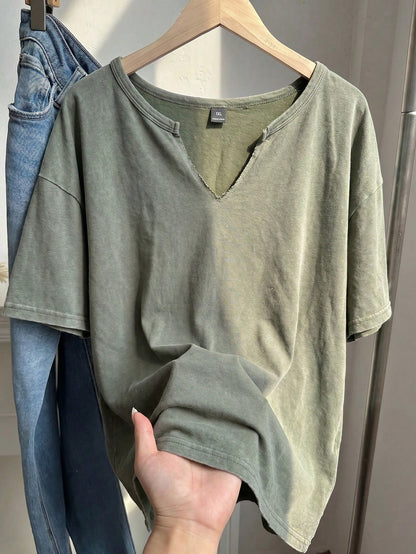 EZwear Plus Size Spring/Summer Clothing, Distressed Acid Wash Loose Fit Short Sleeve V-Neck T-Shirt, Cotton Fabric, Spring/Summer