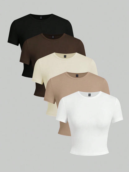 EZwear Plus Size Women's Solid Color Round Neck Short Sleeve Fitted Casual T-Shirt Back-To-School Office Baptism Black Chocolate Brown Beige White Summer