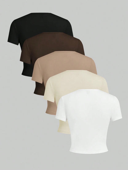 EZwear Plus Size Women's Solid Color Round Neck Short Sleeve Fitted Casual T-Shirt Back-To-School Office Baptism Black Chocolate Brown Beige White Summer
