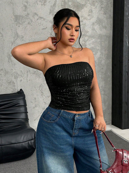 EZwear Plus Size Women Sequin Pleated Tube Top