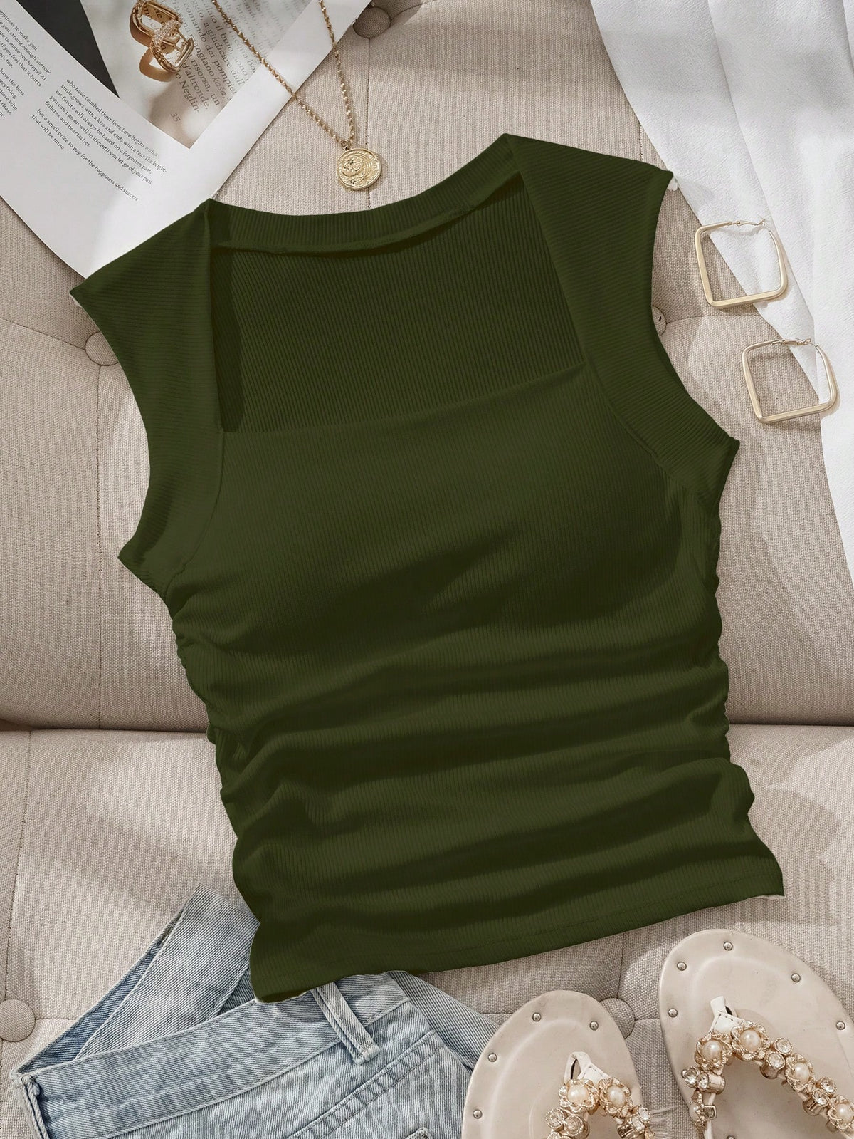 EZwear Square Neck Spring/Summer Slim Fit Bra-Free Women's Tank Top With Padded Cups, Built-In Bra
