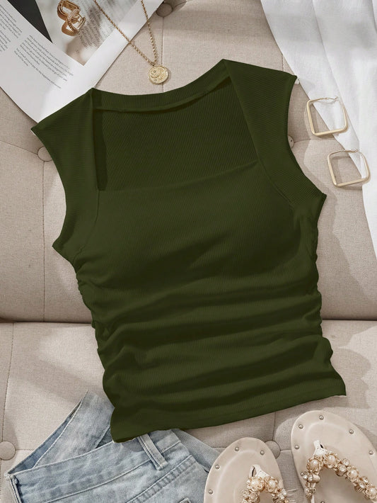 EZwear Square Neck Spring/Summer Slim Fit Bra-Free Women's Tank Top With Padded Cups, Built-In Bra