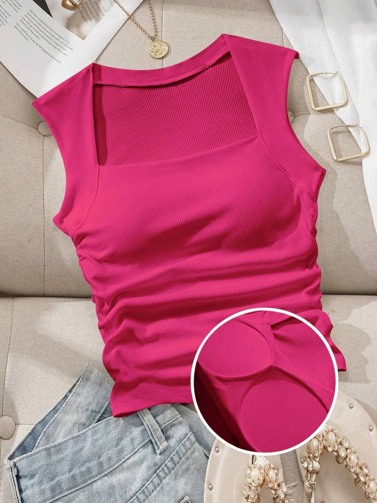 EZwear Square Neck Spring/Summer Slim Fit Bra-Free Women's Tank Top With Padded Cups, Built-In Bra