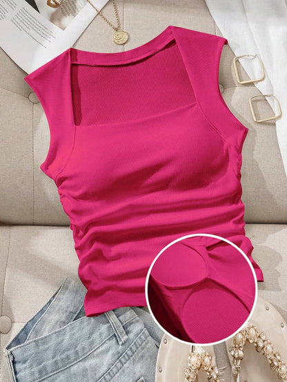EZwear Square Neck Spring/Summer Slim Fit Bra-Free Women's Tank Top With Padded Cups, Built-In Bra