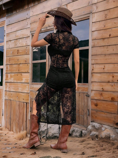 EZwear Summer Concert Outfit Women Western Lace Dresses Music Festival Black See-Through Outfit