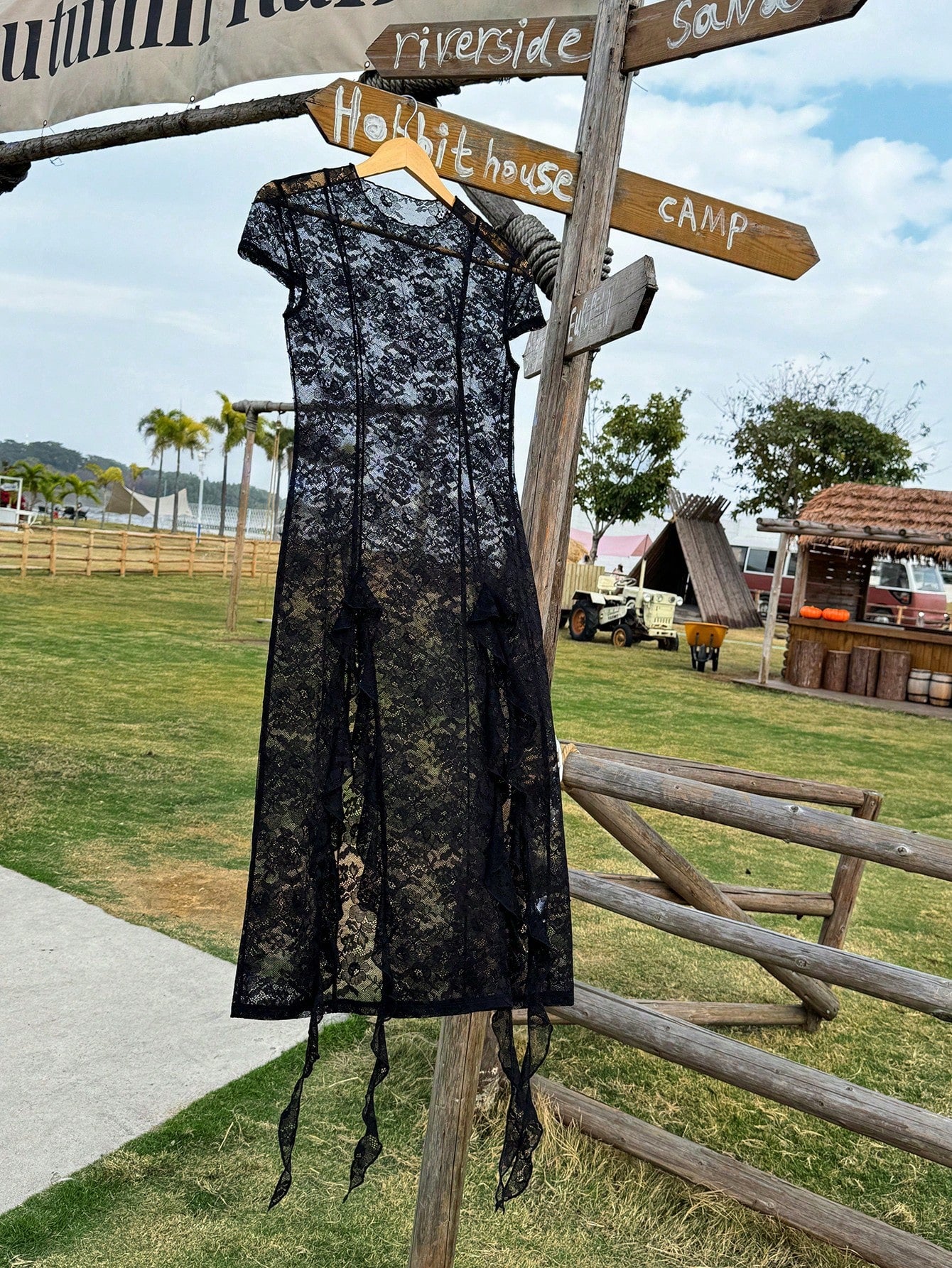 EZwear Summer Concert Outfit Women Western Lace Dresses Music Festival Black See-Through Outfit