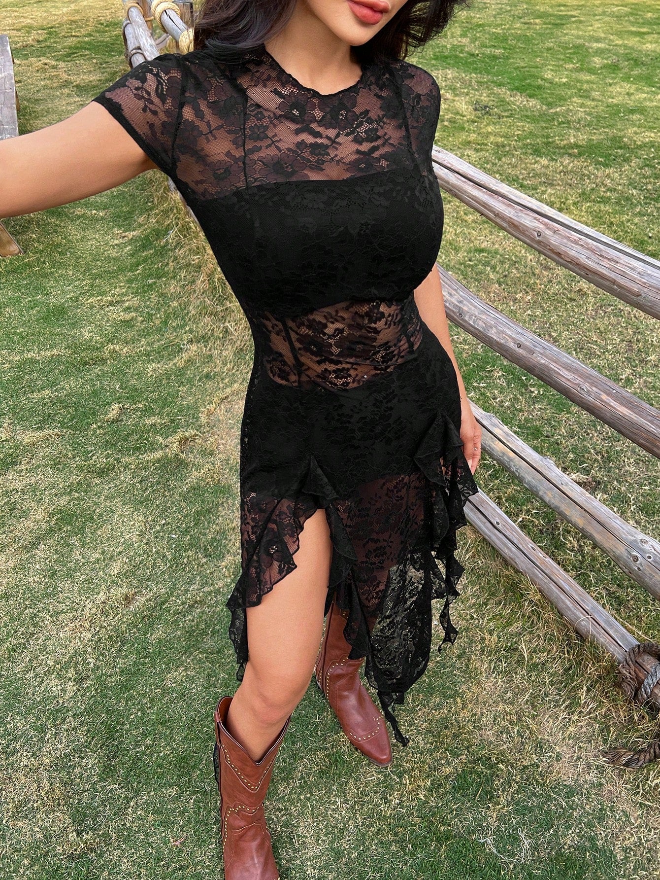 EZwear Summer Concert Outfit Women Western Lace Dresses Music Festival Black See-Through Outfit