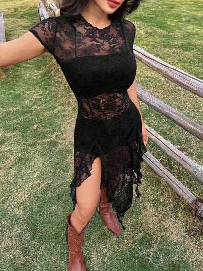 EZwear Summer Concert Outfit Women Western Lace Dresses Music Festival Black See-Through Outfit