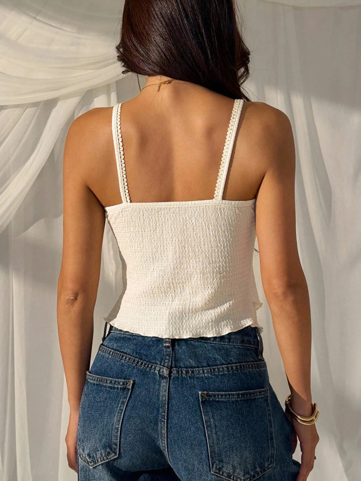 EZwear Summer Elegant Sexy Women's Solid Color Ruffle Trim Textured Camisole Going Out Vacation Cream White