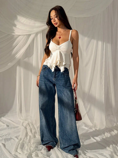 EZwear Summer Elegant Sexy Women's Solid Color Ruffle Trim Textured Camisole Going Out Vacation Cream White