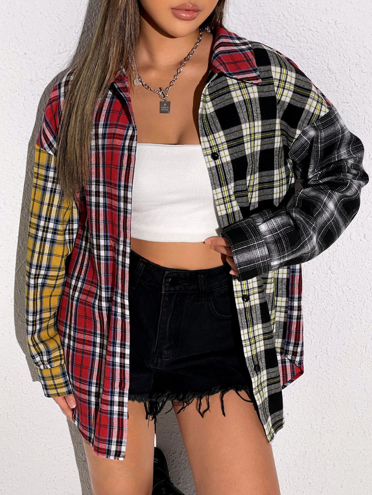 EZwear Tartan Colorblock Drop Shoulder Shirt,Long Sleeve Tops