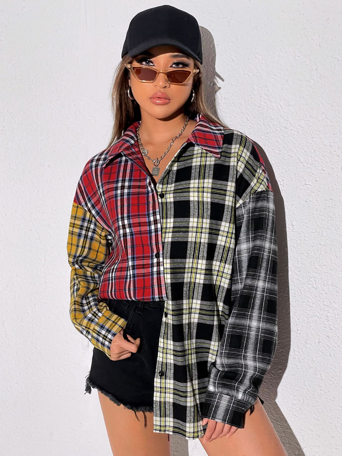 EZwear Tartan Colorblock Drop Shoulder Shirt,Long Sleeve Tops